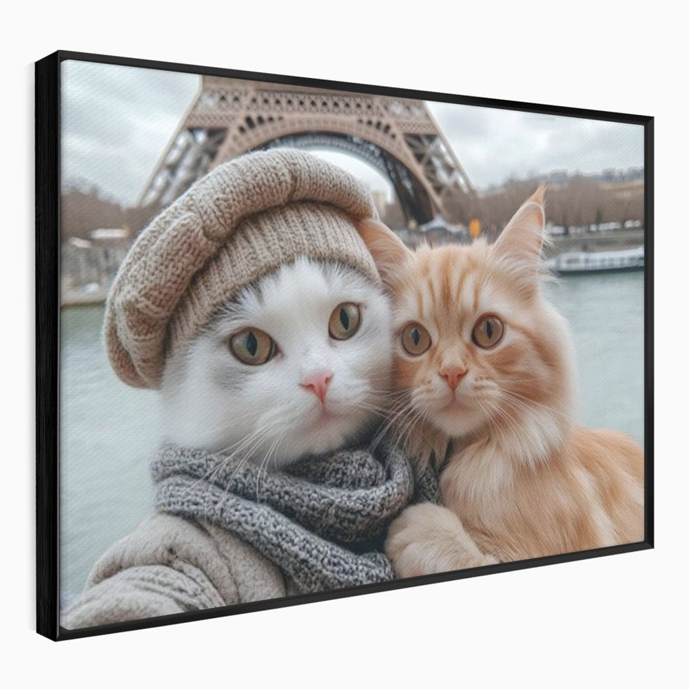 Tablou canvas cu tablou canvas cu pisici in paris, in rama de aluminiu negru